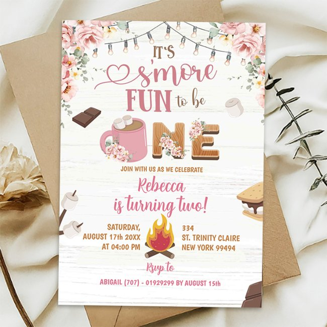 Pink S'more Girl 1st Birthday Invitation Birthday