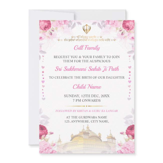 Pink Sukhmani Sahib Path Birth Announce Invitations Girl