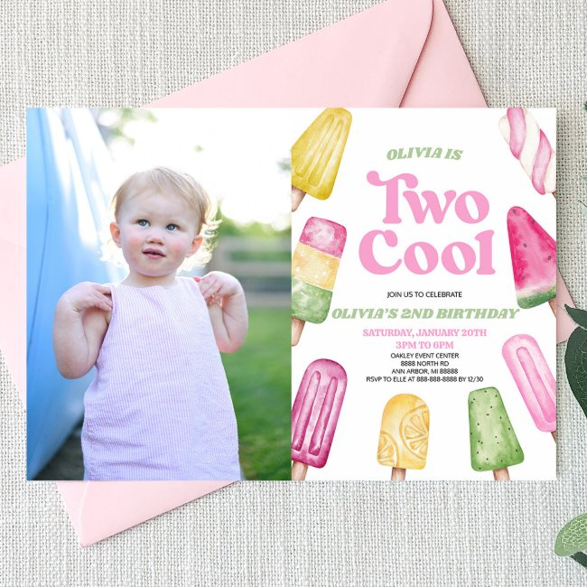 Pink Two Cool Popsicle Picture 2nd Birthday Party Invitation