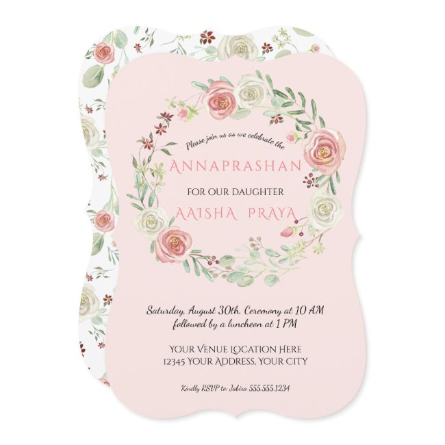 Pink Watercolor Wreath Annaprashan Baby Girl Invitation