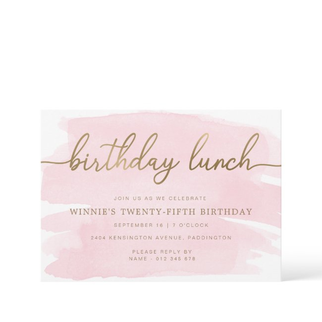 Pink Watercolour Gold Birthday Lunch Invitation