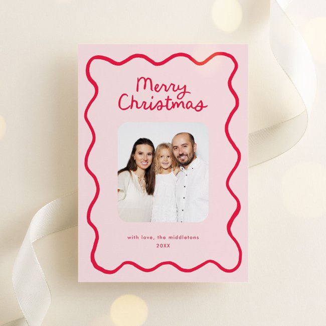Pink Whimsical Doodle Wavy Frame Christmas Photo Holiday Invitations