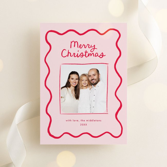 Pink Whimsical Doodle Wavy Frame Christmas Photo Holiday Invitations