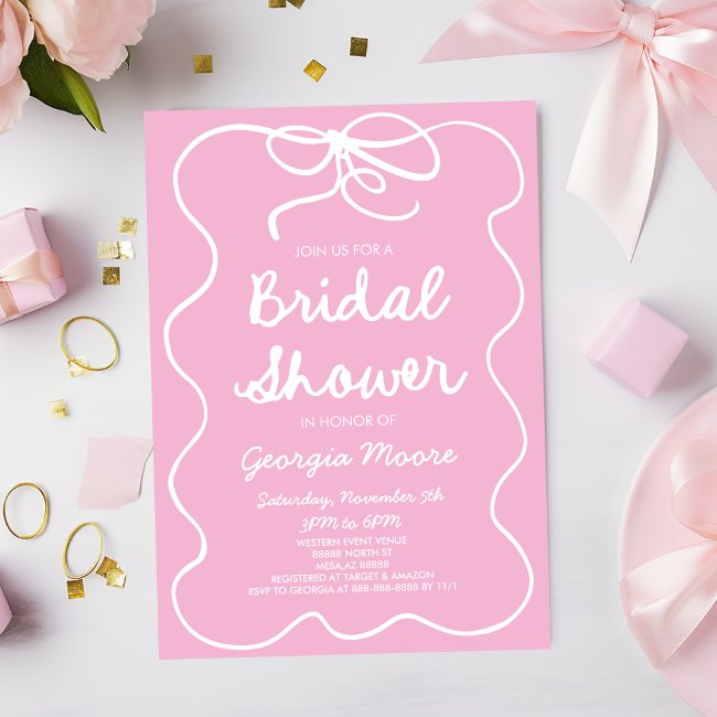 Pink Whimsical Hand Drawn Bow Bridal Shower Invitation