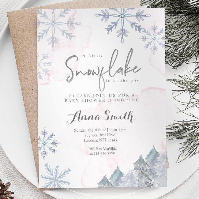 Pink Winter Little Snowflake Is On The Way Invitation