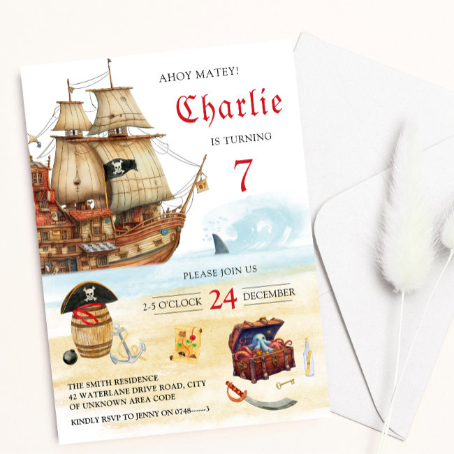 Pirate Ship And Treasure Chest Kids Birthday Invitation