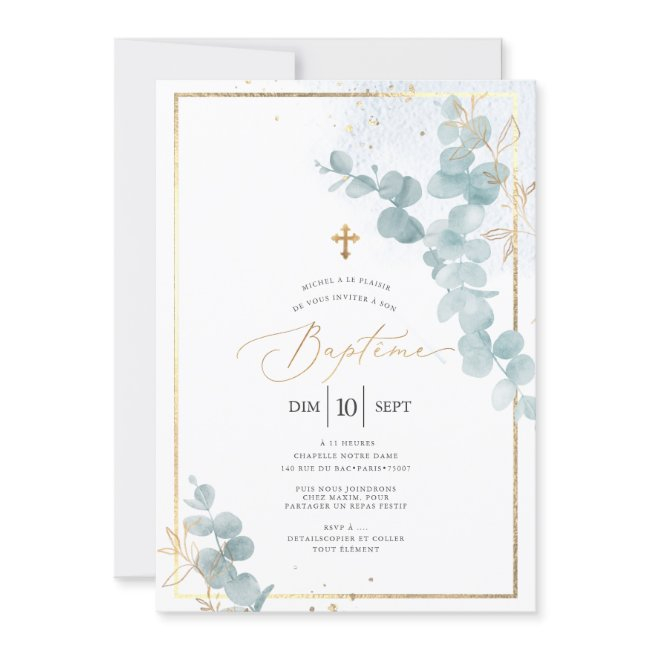 Pixdezines Baptême D'eucalyptus Rustique Aquarelle Invitation