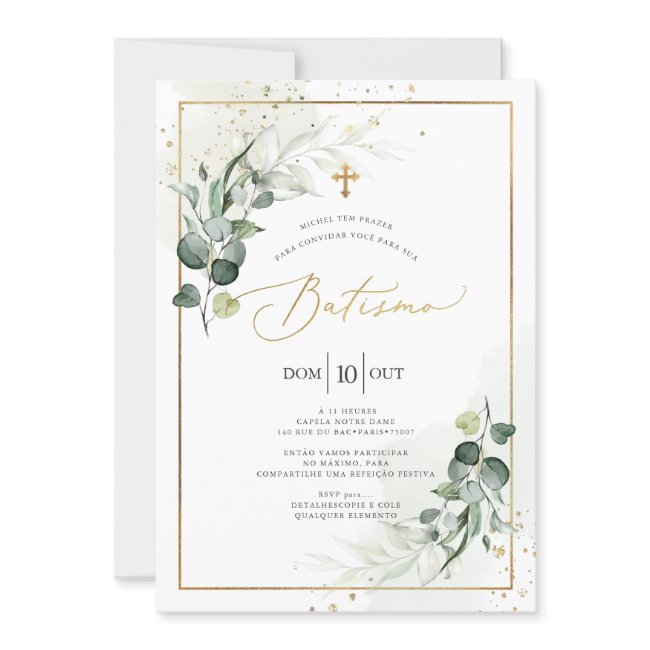Pixdezines Batismo De Eucalipto Rústico Em Aquarel Invitation