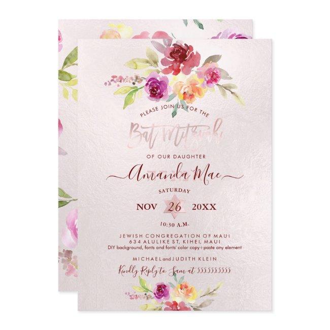 Pixdezines Summer Roses Watercolor Bat Mitzvah Invitation
