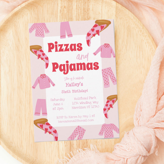 Pizza And Pajama Girls Birthday Party Invitation