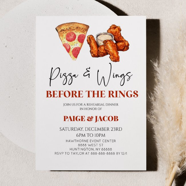 Pizza And Wings Before The Rings Rehearsal Dinner Invitation