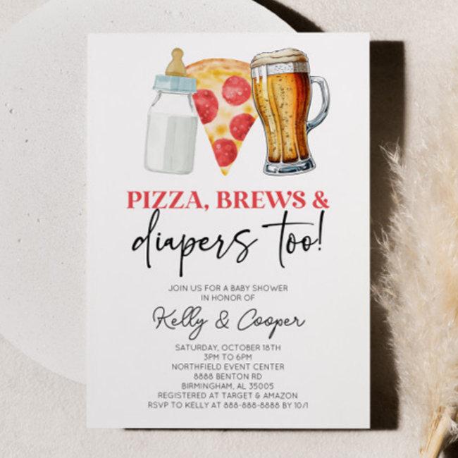 Pizza Brews And Diapers Too! Baby Shower Invitation