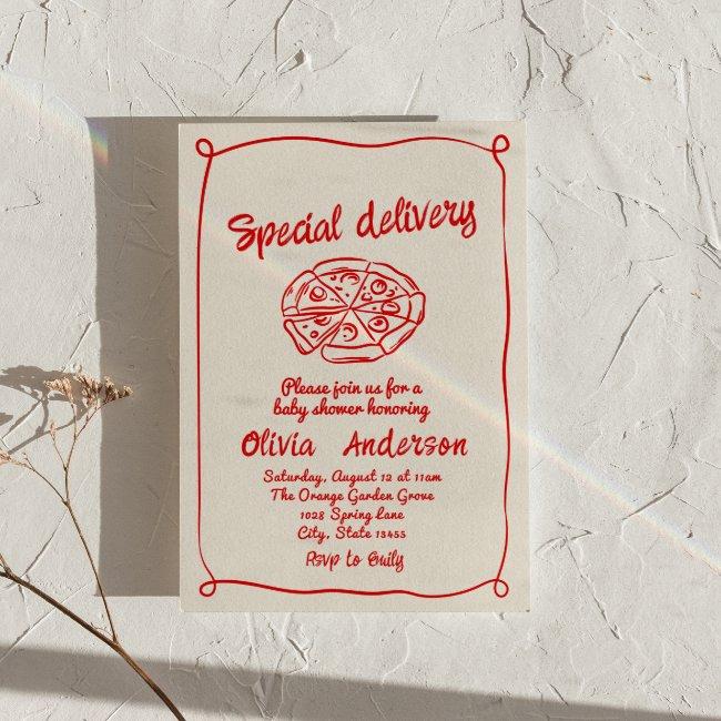 Pizza Hand Drawn Special Delivery Fun Baby Shower Invitation