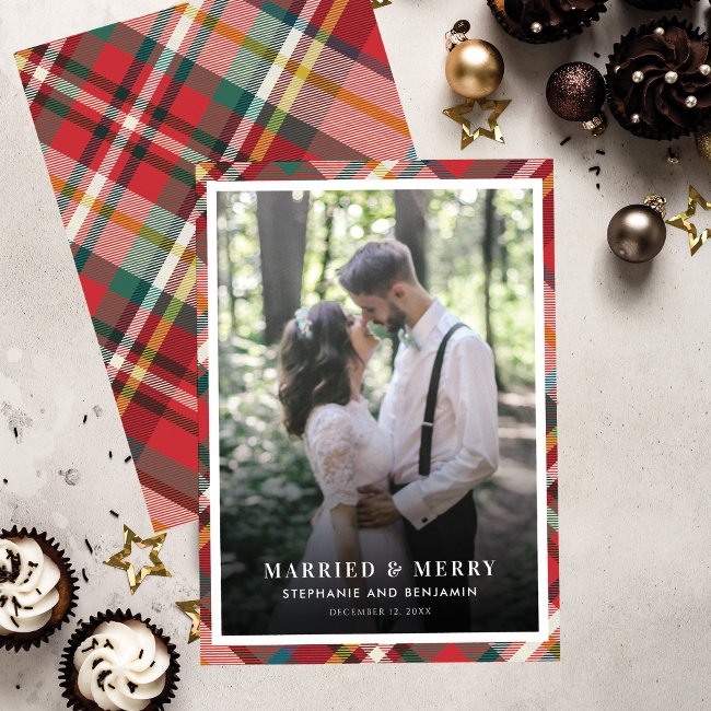 Plaid Christmas Photo Married And Merry Holiday Invitations