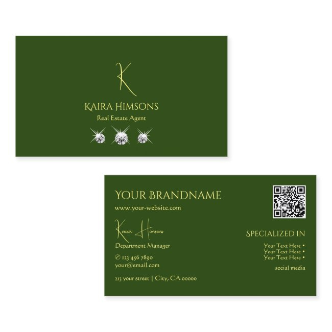 Plain Forest Green With Monogram Qrcode And Jewels Business Invitations