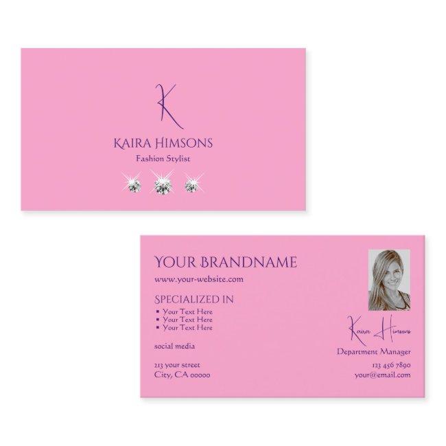 Plain Light Pink With Monogram Photo And Jewels Business Invitations