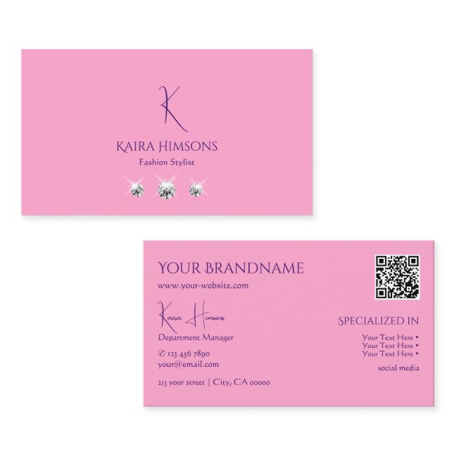 Plain Light Pink With Monogram Qr-code And Jewels Business Invitations