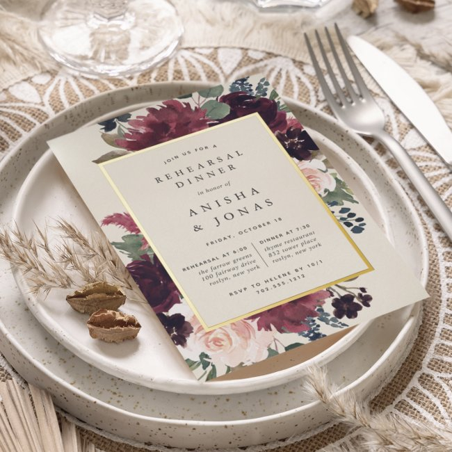 Plum Blossom Rehearsal Dinner Foil Invitation