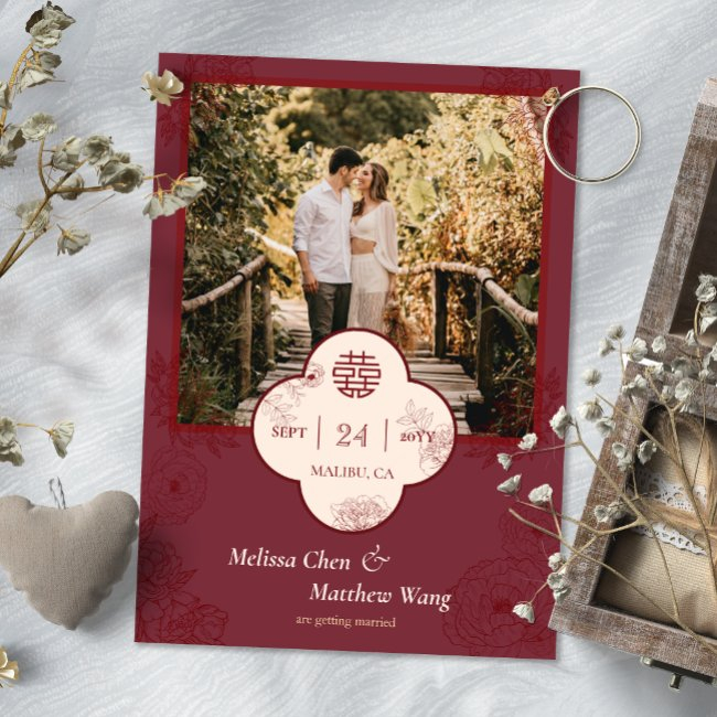 Plum Floral Chinese Wedding Photo Save The Date