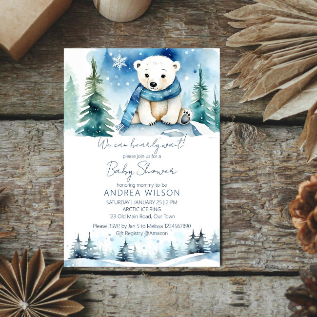 Polar Bear Winter Bearly Wait Baby Shower Invitation