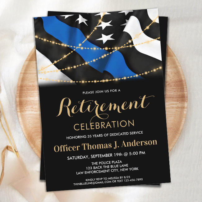 Police Retirement Party Gold Thin Blue Line Invitation