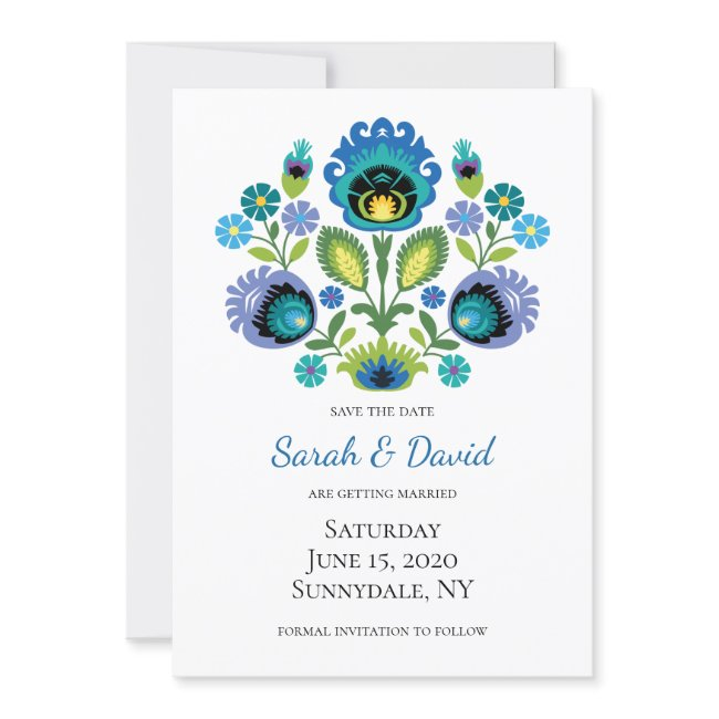 Polish Folk Flowers Blue Teal Save The Date Invitation