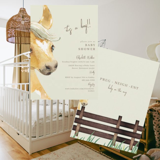 Preg-neigh-ent Horse It's A Boy Baby Shower Invitation