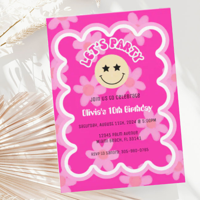 Preppy Hot Pink Y2k Happy Face Party Birthday Invitation