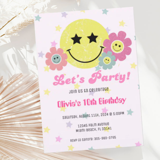 Preppy Pink Y2k Retro Happy Face Party Birthday Invitation