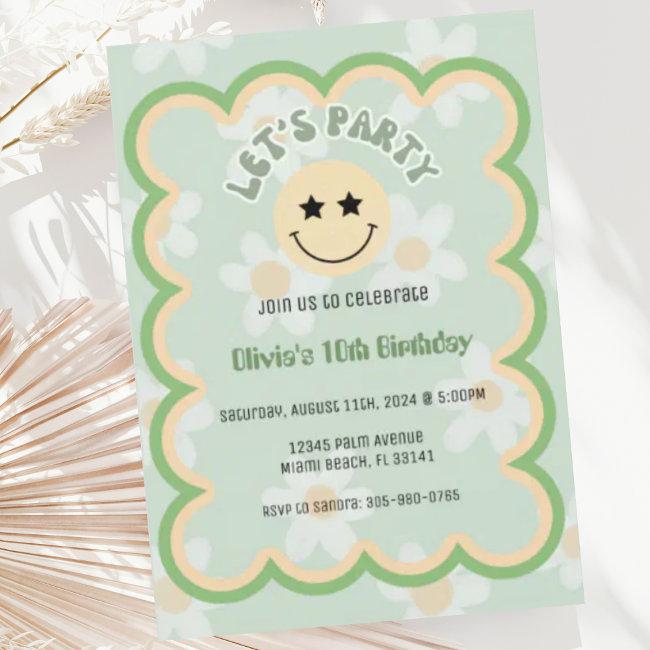 Preppy Sage Green Y2k Happy Face Party Birthday Invitation