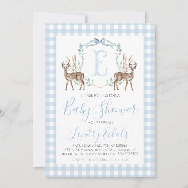 Preppy Southern Blue Boy Deer Hunter Baby Shower Invitation
