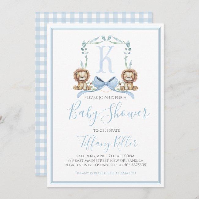 Preppy Southern Blue Boy Lion Baby Shower Invitation