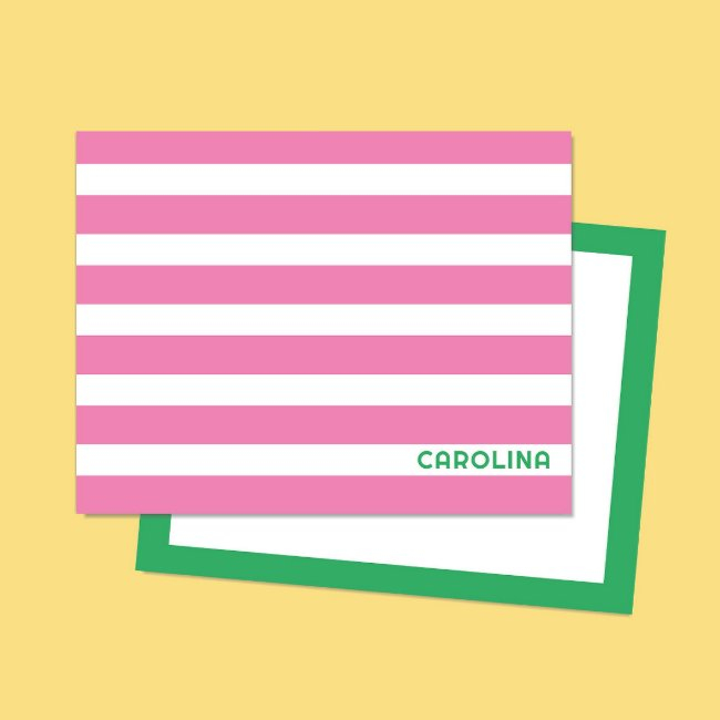 Preppy Stripes Pink & Bright Green Cute Girly Note Invitations
