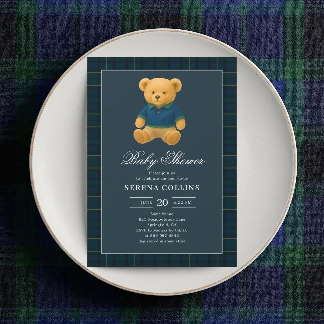 Preppy Teddy Bear Blue Baby Shower Invitation