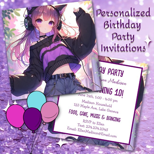 Pretty Anime Girl In Headphones Birthday Party Invitation