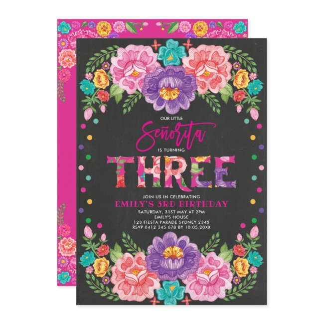 Pretty Floral Fiesta Senorita Girl 3rd Birthday Invitation
