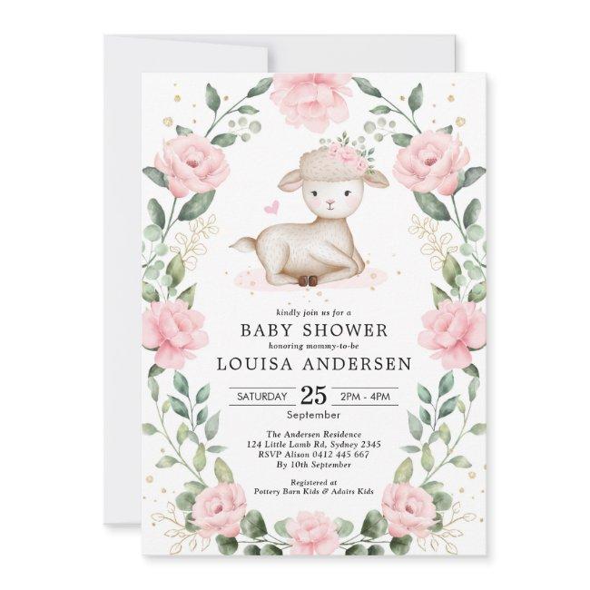 Pretty Lamb Pink Floral Wreath Girl Baby Shower Invitation