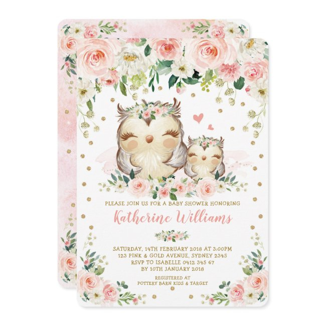 Pretty Pink Blush Floral Owl Girl Baby Shower Invitation