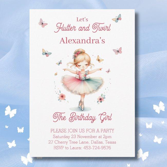Pretty Pink Butterfly And Ballerina Birthday Party Invitation