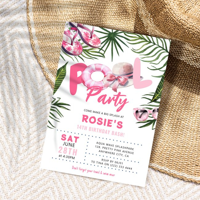 Pretty Pink Pool Party Girl Birthday Invitation