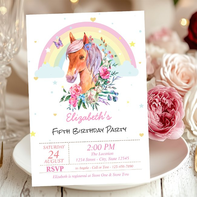 Pretty Pony Rainbow Stars Birthday Invitation