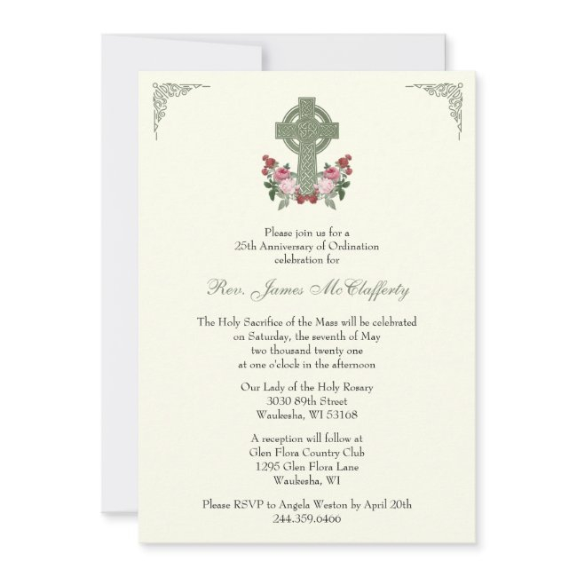 Priest Ordination Anniversary Celtic Cross Roses Invitation