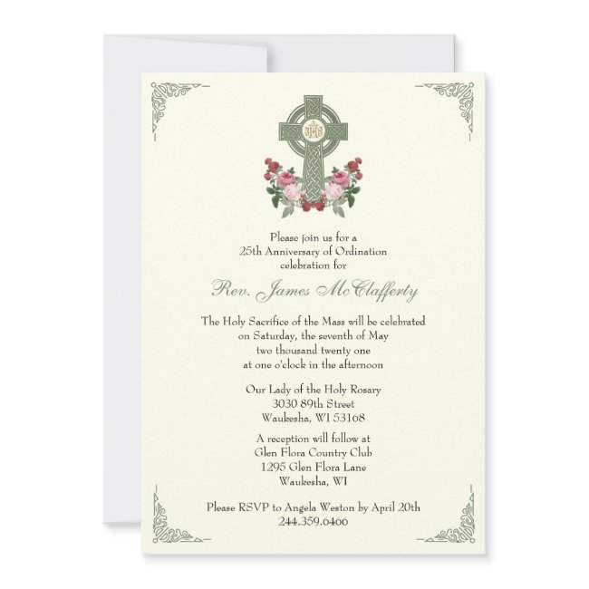 Priest Ordination Anniversary Celtic Cross Roses Invitation