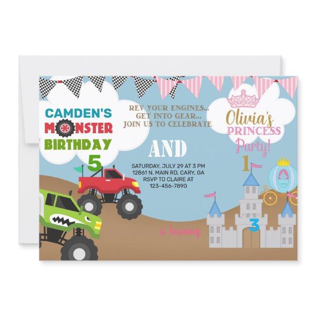 Princess And Monster Trucks Siblings Invitation. Invitation