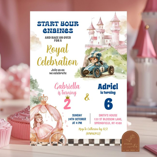 Princess And Racing Car Boy Girl Joint Birthday Invitation