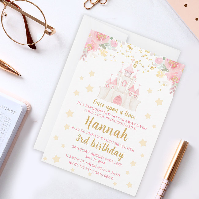 Princess Glitter Gold Castle Birthday Invitation