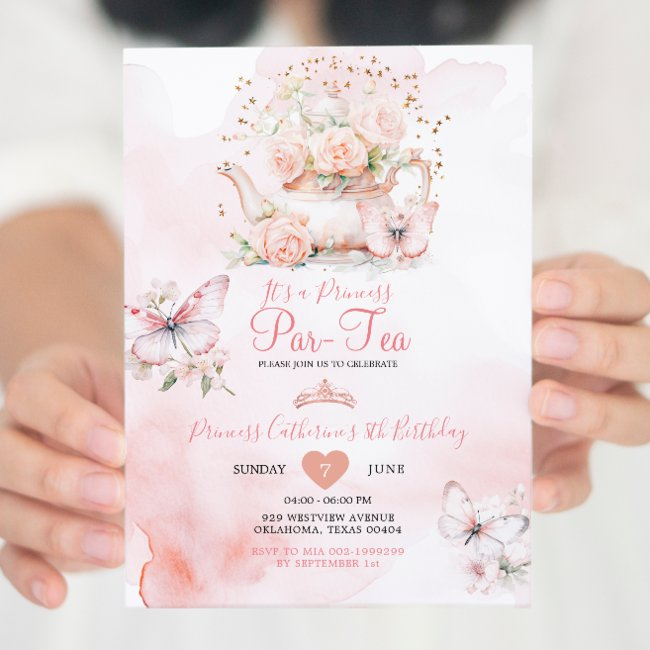 Princess Partea Pink Butterfly 8th Birthday Floral Invitation