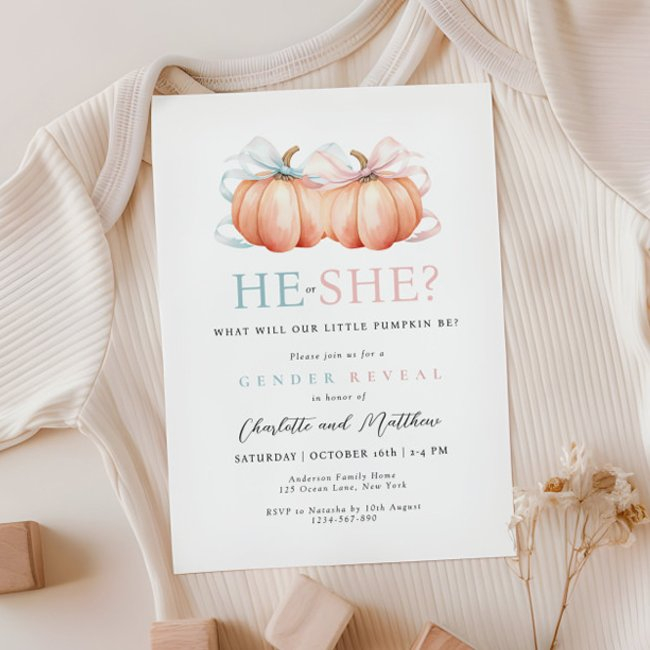 Pumpkin Bow Pink Blue Gender Reveal Invitation