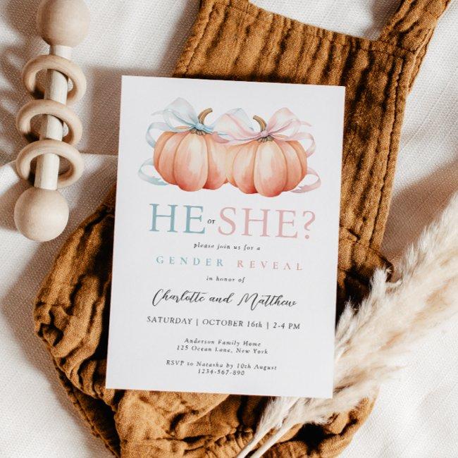Pumpkin Bow Pink Blue Gender Reveal Invitation