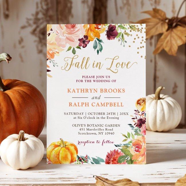 Pumpkin Fall In Love Botanical Floral Gold Wedding Invitation